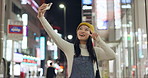 Selfie, city and Japanese woman with smile, peace sign and connection with social media, influencer and post. Profile picture, person or girl with a cellphone, internet and funny with v symbol or joy
