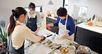 Women, chef and cooking or Japanese meal for teaching, chopping class or learning. Female person, students and kitchen instruction to prepare ramen bowl or nutrition, food culture or local experience