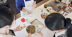 Women, Japanese and dumplings or cooking preparation for teaching recipe, traditional meal or asian dining. Female people, hands and top view of learning in kitchen for culture, diet or nutrition