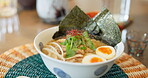 Ramen, bowl and Japanese traditional food or culture cooking for nutrition, vegetables or boiled egg. Noodles, seaweed and protein sauce or hungry for asian meal or local dinner, steam or health diet