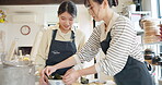 Cooking class, students and plating japanese food in kitchen, happiness and satisfied with work. Restaurant, seaweed and course for culinary skills, working together and aprons for cleanliness