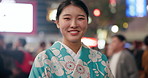 Face, traditional style and Japanese woman with a smile, city and peaceful with confidence, fashion and calm. Portrait, person and girl with traditional clothes, street or night with beauty and happy
