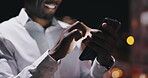 Hands, phone and night communication, typing and networking for stock market investment or trading in city bokeh. Business person or trader with mobile chat, social media and internet on his balcony