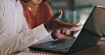 Business people, hands and laptop at night for deadline, discussion or team collaboration at office. Closeup of businessman and woman working late on computer for project or planning at workplace