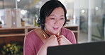 Business woman, video call center and communication for customer service, support and advice at night. Professional Asian agent, consultant or web advisor speaking on computer or contact us in office