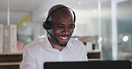 Business man, call center communication and computer for customer support, e commerce FAQ or telecom in office. Professional advisor, web agent or African consultant for solution or advice on laptop