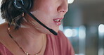 Consultant, mouth and business call center for customer support, e commerce FAQ or communication in office. Professional advisor, virtual assistant or woman talking on headphones, solution and advice