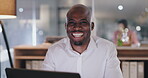 Businessman, happy and face by laptop in office, professional and technology in wellness at work. African man, portrait and positive in career as entrepreneur, files and smile in startup by computer