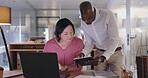 Business people, tablet and computer for collaboration, planning and comparison of data, finance and sales. Woman or manager with digital technology, teamwork and revenue proposal or accounting data