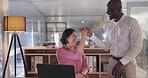 Business people, high five and computer for teamwork, celebration or success of news, goals or achievement. Happy employees, team and woman or man with hands together for yes, winning and excited