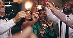 Men, women and friends with sparkle at new year gala in conversation, talk or happy with wish for success. People, smile and glass for fireworks, together and lights in celebration, cheers or event