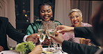 People, glasses and cheers at dinner party or friends celebration, holiday or gala event. Black woman, guests and toast with champagne drink for classy luxury or social gathering, group or elegant