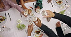 Hands, glasses and cheers at dinner event or friends celebration, holiday or gala party. People, guests and toast with champagne drink for classy luxury night for social gathering, group or elegant