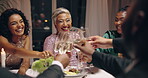 People, hands and glasses cheers for dinner event for social gathering, connection or party. Elderly woman, guests and champagne at gala celebration for congratulations wine, vacation or together