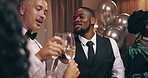 Men, friends and champagne at new year gala in conversation, talk or happy with wish for success. African people, drink and glass for sparkling wine, alcohol or toast in celebration, cheers or social