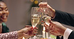 Group, hands and champagne toast for new year, celebration and party with business people in night. People, men and women with glasses, drink or sparkling wine for cheers, wish or happy at gala event