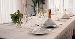 Table, decoration and wedding or romantic setting for a party, luxury event or dinner. Rich, lunch or elegant dinner creativity for reception, service or catering at a venue with a formal arrangement