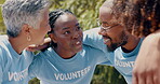 Community, huddle and volunteer team talking outdoor together for charity or welfare planning. Earth day, collaboration and diversity with group of people speaking about recycling for environment