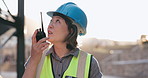 Woman, construction and inspection with radio for communication, Japanese supervisor and lens flare. Check building site, walkie talkie and engineer in Japan, architecture and project management