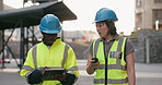 Construction worker, tablet and talking about engineering, contractor and factory logistics for planning. Asian worker, workforce and online data with conversation for project management and safety