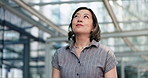 Thinking, vision and business woman in office building with career focus, idea or leadership mindset. Goal, dream and Japanese female entrepreneur at work with positive attitude, growth or confidence