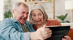 Senior couple, tablet and selfie for social media, app and laughing for joke at home. Happy elderly people, technology and camera application for photography, bonding and love or funny face for humor