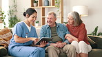 Happy woman, nurse and tablet with elderly couple on sofa for healthcare advice, support or trust at home. Female person, doctor or caregiver talking to senior patients with technology in living room