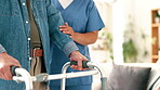 Walker, caregiver and support for senior man in nursing home, physiotherapy and medical assistance. Nurse, healthcare and elderly person with disability, aid and rehabilitation for osteoporosis