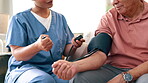 Hands, nurse or man with blood pressure test in hospital for heart health, consulting or wellness. Senior patient, hypertension consultation closeup or medical caregiver in assessment for results