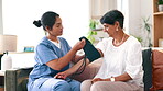 Senior, nurse or woman with blood pressure test in hospital for heart health, consulting or wellness. Female patient, hypertension consultation or medical caregiver in assessment for diabetes results