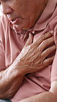 Elderly, man and chest pain or cough problem as lung virus with heartburn for breathing risk, asthma or choke. Male person, hand and sick anxiety for respiratory panic or disease, tuberculosis or flu