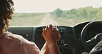 Car, holding hands and travel with couple, vacation and road trip with getaway, adventure and honeymoon journey. Motor vehicle, man and woman with romance, countryside and summer break with love