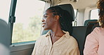 Road trip, black woman and window view in a van with thinking, freedom and travel on a holiday. Vacation, smile and happy tourist in a caravan together on a journey and adventure with transportation