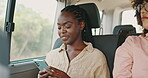 Road trip, woman and texting on vacation in car, smartphone and online communication or chat. Black female person, vehicle and scrolling on social media, holiday and adventure or conversation on tech