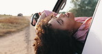 Travel, wind and woman with a smile, car and freedom with summer break, journey and happy in road. Adventure, holiday and transportation with girl passenger on outdoor vacation road trip and nature