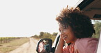 Travel, wind and woman with vacation, car and freedom with summer break, journey and happy in road. Adventure, holiday and transportation with girl passenger, road trip and nature with vehicle or joy