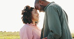 Couple, sunlight and forehead touch in nature for bonding together, love and happy in marriage. Interracial people, holiday and commitment in relationship, partnership and hug or loyal in outdoors