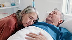 Senior couple, comfort and sick in hospital bed with love, unity and hope for recovery of sickness. Elderly man, woman and hug for patient for cancer diagnosis, support and visit for empathy or care