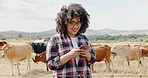 Phone, cattle or happy woman in field texting online for sustainability or agriculture in countryside. Female farmer, land tips or cow farming in small business for dairy, meat or food production