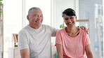 Love, laughing and senior couple in physiotherapy office for health, rehabilitation or recovery together. Fitness, exercise or workout with elderly man and woman at clinic for wellness or training