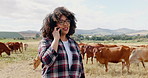 Phone call, cattle or woman in field talking for sustainability, land or agriculture in countryside. Female farmer speaking, listen or cow farming in small business for dairy, meat or food production
