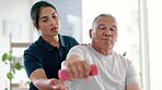 Elderly, man and dumbbell for physiotherapy or rehabilitation  for mobility healing, exercise or strength. Woman, old person and weight for healthcare fitness for help arm injury, retirement or care