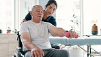 Man, wheelchair and woman help with dumbbell for arm rehabilitation for strong muscle, healing or physiotherapy. Old male person with a disability, support and weight for mobility, health or care