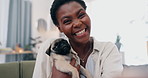 Face, smile and black woman kissing dog on sofa in living room of home as pet owner for bonding. Portrait, hug and happy young person with pug puppy as companion in apartment for love or care