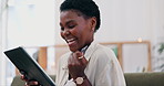 Credit card, tablet and excited black woman for online shopping, internet purchase and payment in home. Ecommerce, fintech and happy person on digital tech for website, savings and banking in house