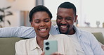 Phone, love and black couple on a sofa with social media, search or streaming funny video on their home together. Smartphone, smile and African people online in a living room with app for gif or meme