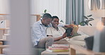 Online, tablet and black couple relax on sofa for bonding, relationship and watching together in home. Love, marriage and man and woman on digital tech for streaming subscription, movies and internet
