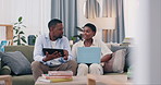 African, couple and technology with communication on sofa for online shopping, internet search and web scroll. Black people, laptop and tablet for research, conversation and reading email in lounge