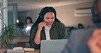 Woman, night call center and laptop for customer support, e commerce FAQ or business communication in workspace. Professional advisor or consultant talking on computer for virtual solution and advice