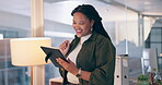 Business woman, happy in office and tablet for human resources software, planning and online information or news. African worker reading and scroll on digital technology for website search or email